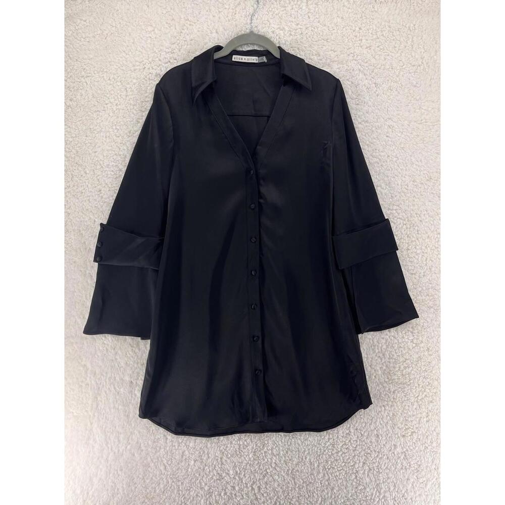 Alice + Olivia Halima Double Cuff‎ Satin Shirt Dress In Black Size 6